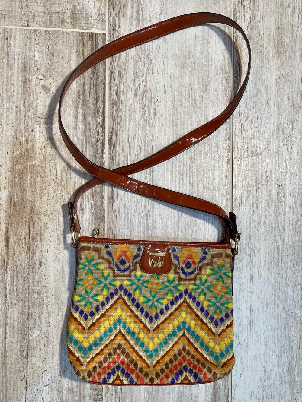 Sarah Violet Multicolor Chevron Crossbody Bag with Brown Strap